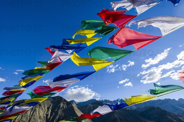 Tibetan prayer flags are wavin in the wind at Lamayuru Gompa