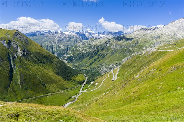 Road leading to Furka Pass winding up a green mountain slope