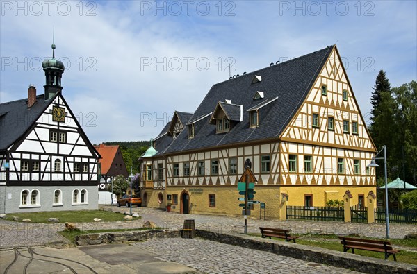 Hotel Saigerhutte with Huttenschenke left and Haus des Anrichters right