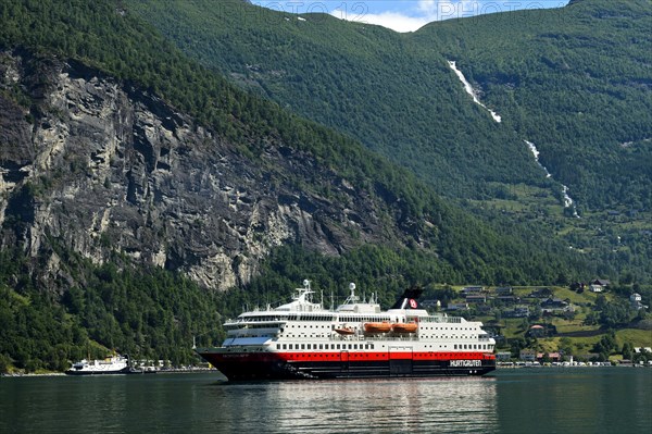 Cruise ship MS Nordkapp of the shipping company Hurtigruten AS in Geirangerfjord