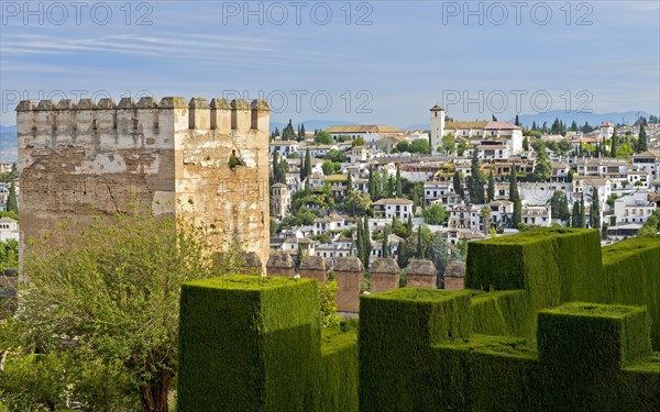 View from the Generalife gardens on the Albaicin district with the church of San Nicolas