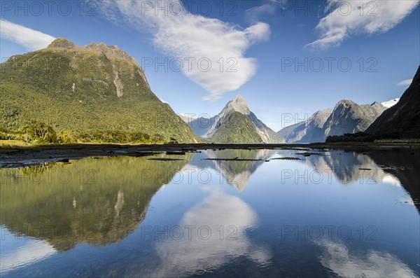 Mitre Peak with blue sky and clouds