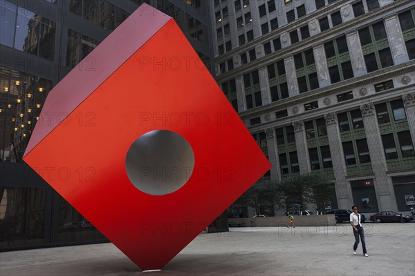 Noguchi's Red Cube in front of the HSBC Bank