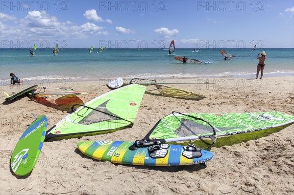 Windsurfing boards and sails lying on the beach