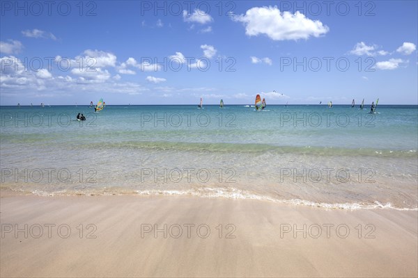 Windsurfers in the turquoise waters off the Playa Risco del Paso beach