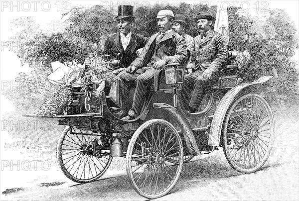 A. Koechlin in the fastest four-seater Peugeot car at the race Paris-Bordeaux-Paris