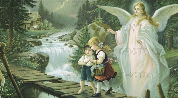 Guardian angel leading children over a bridge