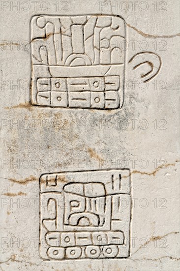 Two hieroglyphs on marble stele at Plaza de la Estela