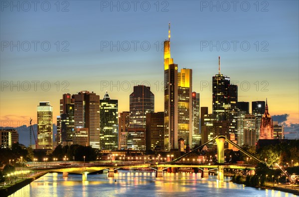 Skyline and financial district at dusk