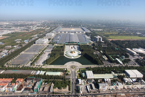 Aerial view of the Dhammakaya complex with the Wat Phra Dhammakaya Temple