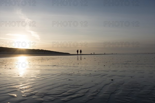 Walkers at sunset on the beach of the North Sea island Langeoog