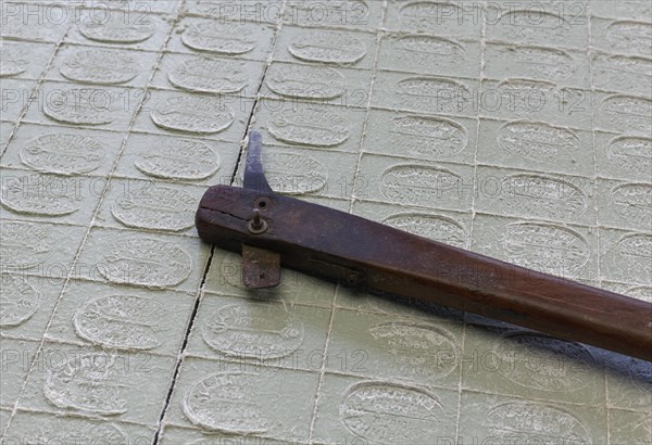 Cut pieces of olive soap and cutting tool