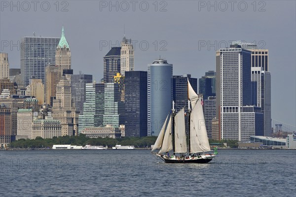 Sail ship on Hudson River in front of South Manhattan sky scrapers