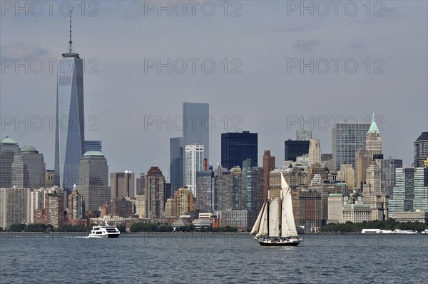 Sail ship on Hudson River in front of South Manhattan sky scrapers