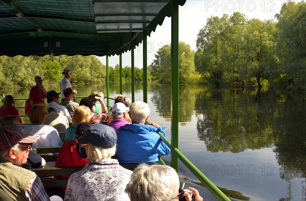 Tourists in an excursion boat on the river in wetland