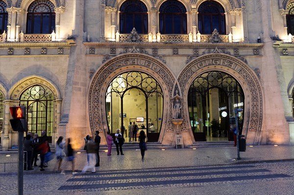 Entrance to the train station at Rossio with night-lighting