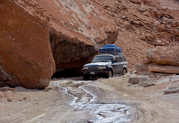 SUV truck on an unpaved road in a rocky canyon