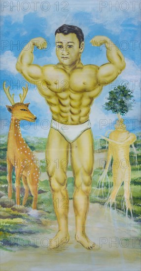 Painting of a Thai man showing his strong muscles