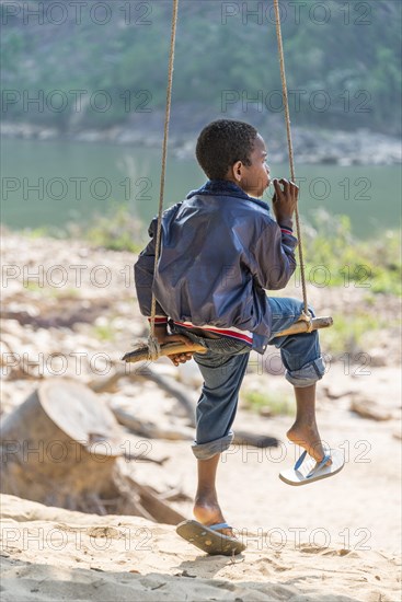 Young Orang Asil boy swinging and looking into the distance