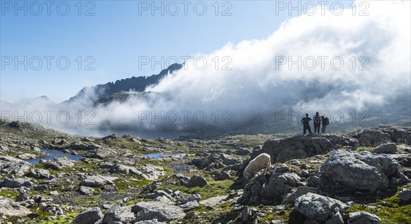 Silhouette of three hikers in front of clouds