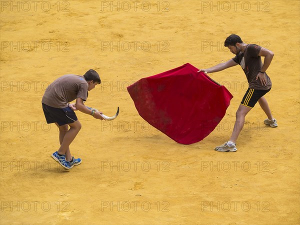 Toreros practicing bullfighting in bullring