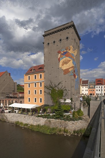 View of Dreiradenspeicher with Goddess of Europe from old town bridge