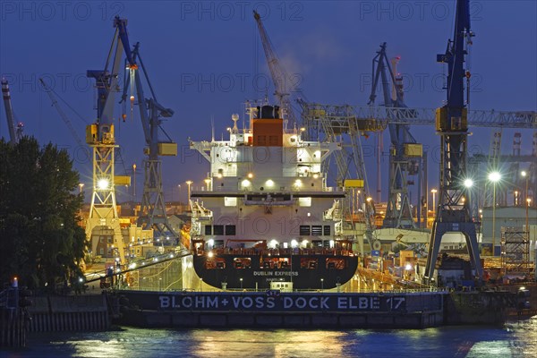 Container ship in the floating dock of Blohm and Voss