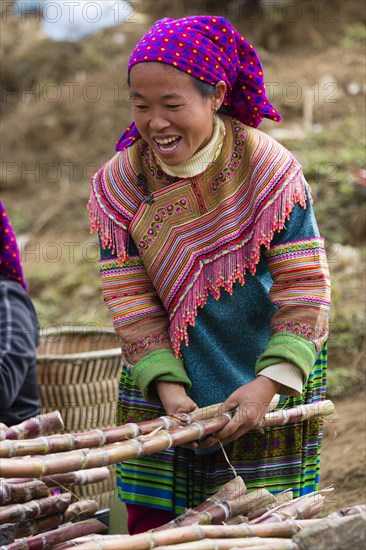 Woman in traditional dress with sugar cane