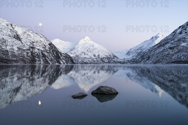 Moon and Portage Lake at twilight