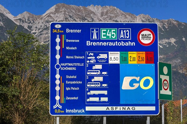 Roadside sign on the Brennerautobahn highway