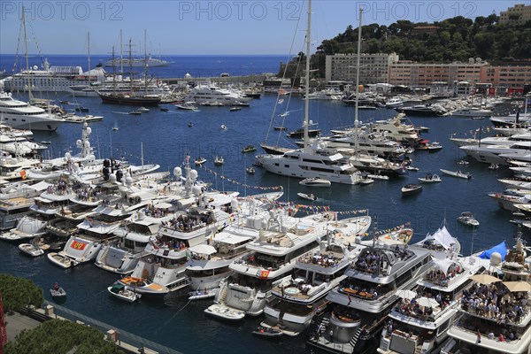 View of Port Hercule with yachts and cruise ships during the Formula 1 Grand Prix 2015