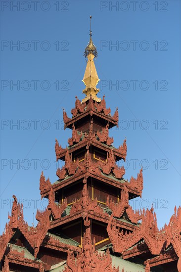Ornate roof of the prayer hall at Shwedagon Pagoda