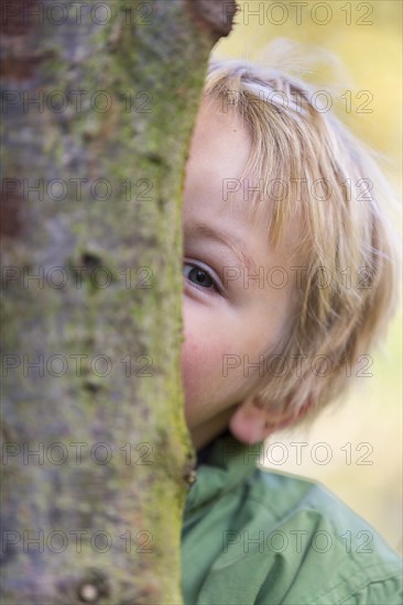 Boy behind tree