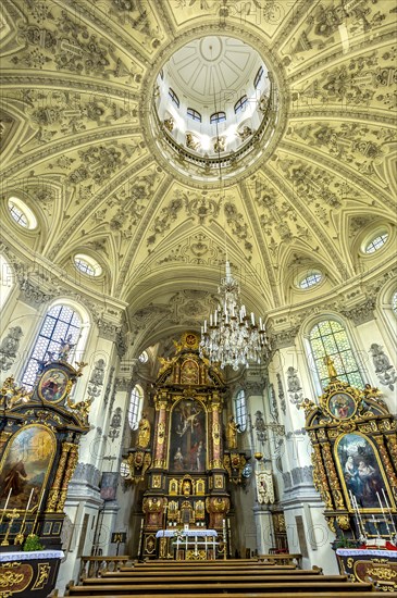 Interior of the baroque pilgrimage church of Maria Birnbaum with organ and side altars