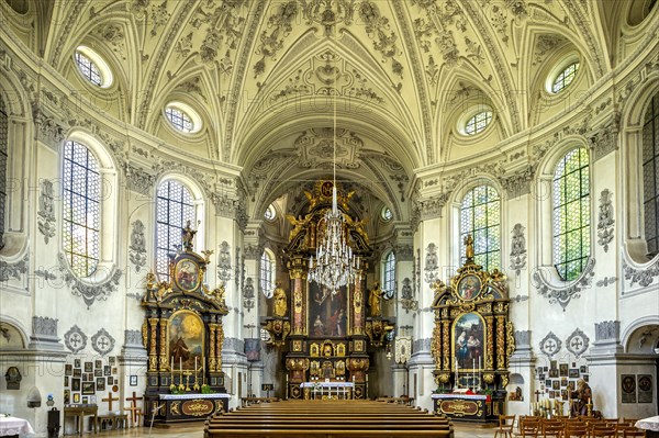 Interior of the baroque pilgrimage church of Maria Birnbaum with high altar and side altars