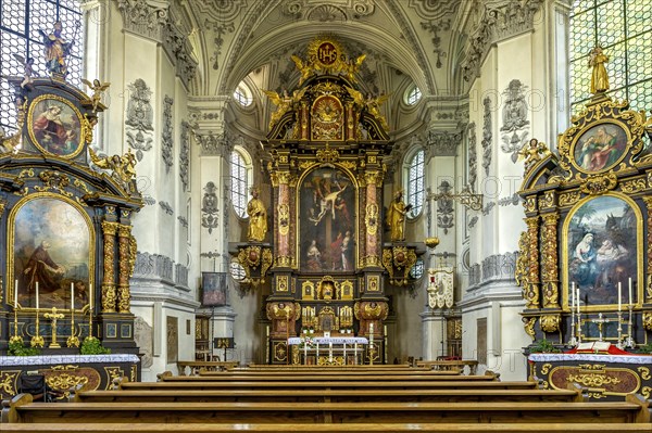 Interior of the baroque pilgrimage church of Maria Birnbaum with high altar and side altars