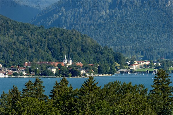 View over Lake Tegernsee on the monastery of the city Tegernsee