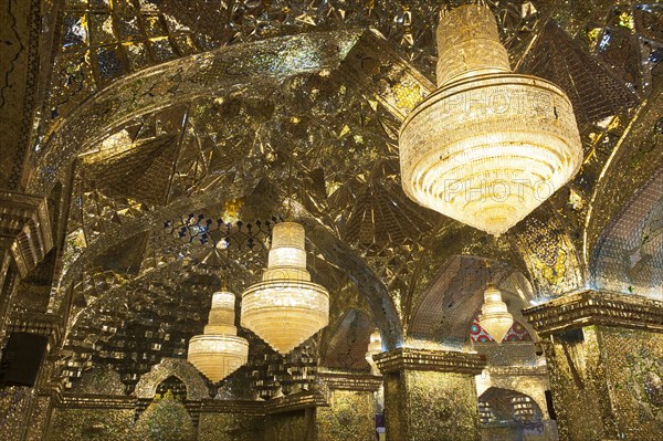 Ceiling of the prayer hall with chandeliers