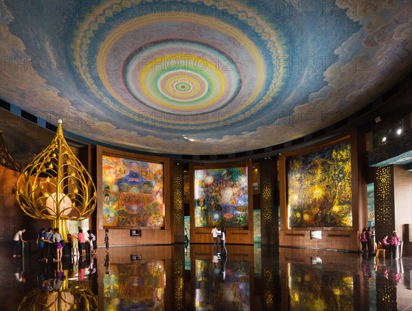 Great Hall with golden lotus flower and giant wall paintings in the Elephant Temple Thep Wittayakhom Vihara