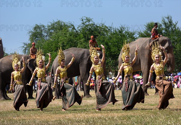 Apsara dancers in traditional costumes at the Elephant Festival