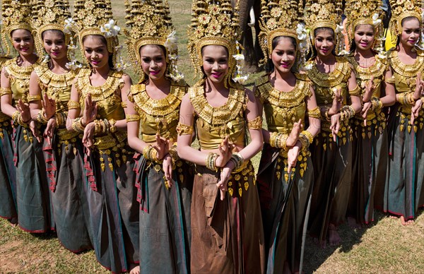 Apsara dancers in traditional costumes at the Elephant Festival