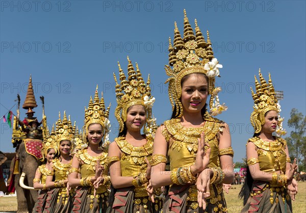 Apsara dancers in traditional costumes at the Elephant Festival