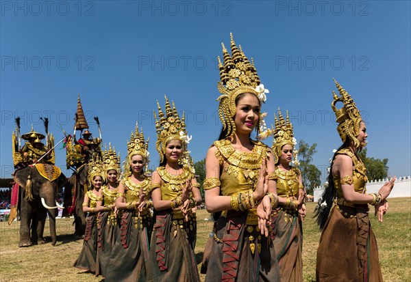 Apsara dancers in traditional costumes at the Elephant Festival