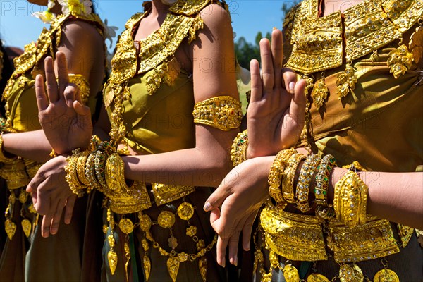 Apsara dancers in traditional costumes at the elephant festival