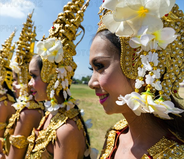 Apsara dancers in traditional costumes at the Elephant Festival