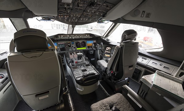 Cockpit of a Boeing 787-9 Dreamliner of the airline ANA at Munich Airport