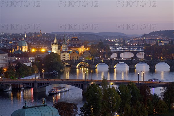 iew from the Letna hill on Moldova and bridges at night
