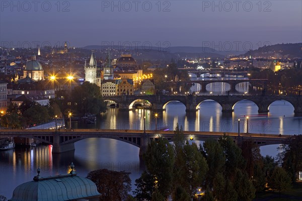 iew from the Letna hill on Moldova and bridges at night