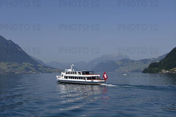 Panorama ship MS Weggis with Kleiner and Grosser Mythen mountains behind