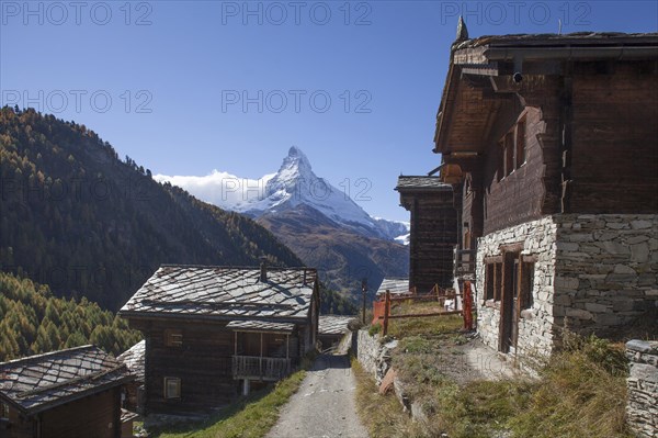 Valais timber houses in the mountain village Findeln with Matterhorn